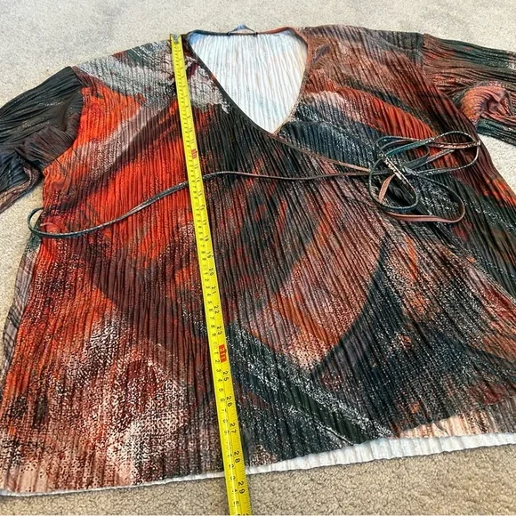 Zara multicolored abstract print pleated kimono sleeve wrap blouse top M NWOT - Picture 10 of 16